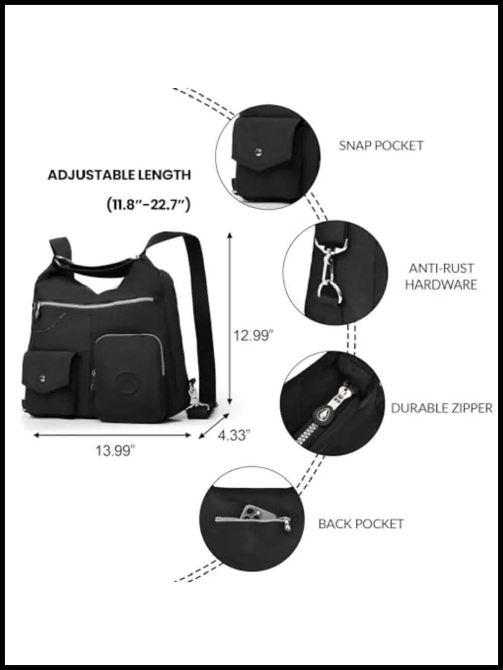 Multipurpose Hobo Purse Waterproof Nylon Crossbody Shoulder Bag Convertible